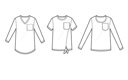 Line drawings showing the Sulky Perfect Tee in multiple variations, including V‑neck long sleeve, short‑sleeve crew with front tie, and long‑sleeve crew with pocket