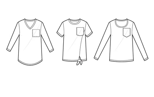 Line drawings showing the Sulky Perfect Tee in multiple variations, including V‑neck long sleeve, short‑sleeve crew with front tie, and long‑sleeve crew with pocket