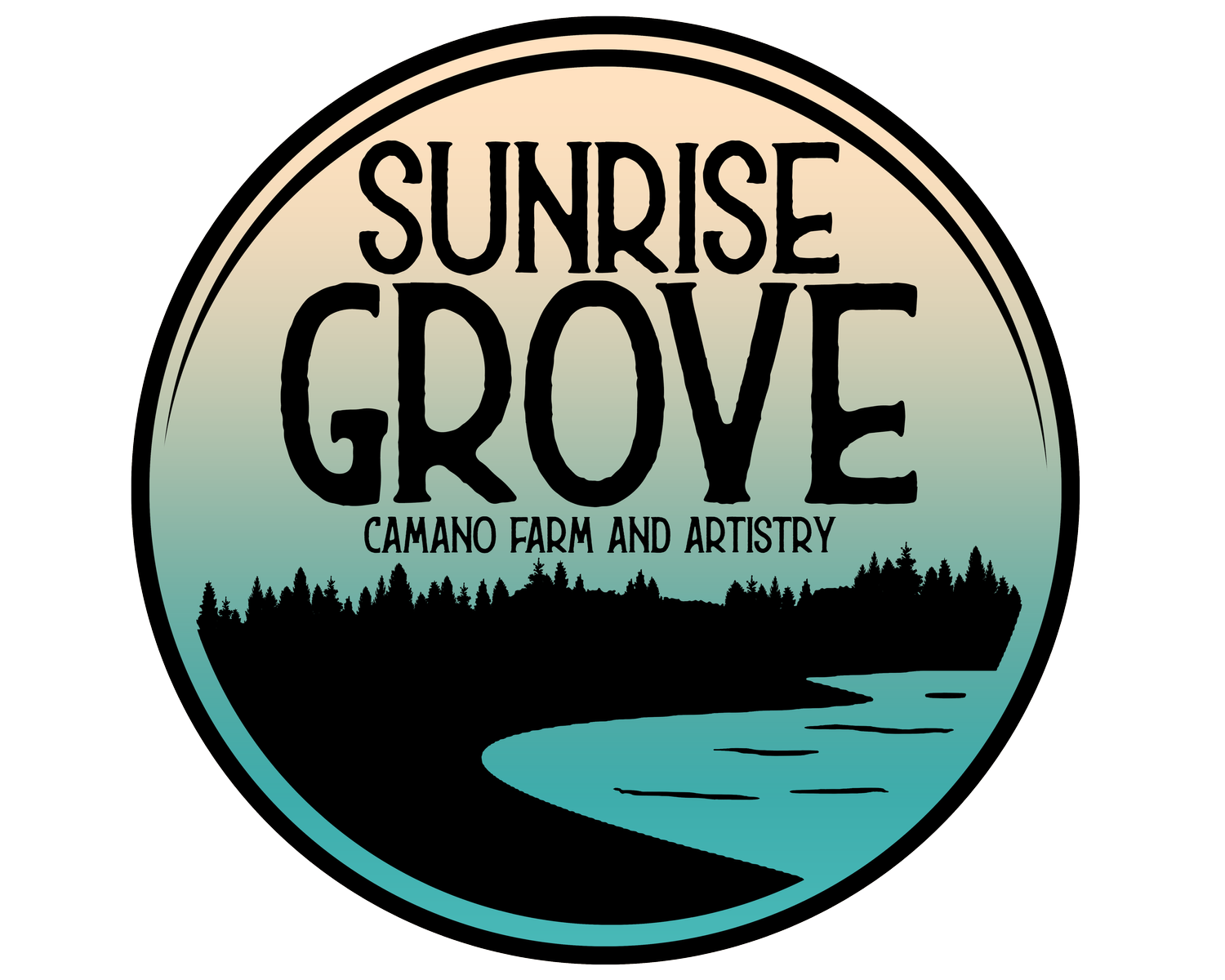 Sunrise Grove logo with forest silhouette and gradient background.