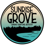 Sunrise Grove logo with forest silhouette and gradient background.