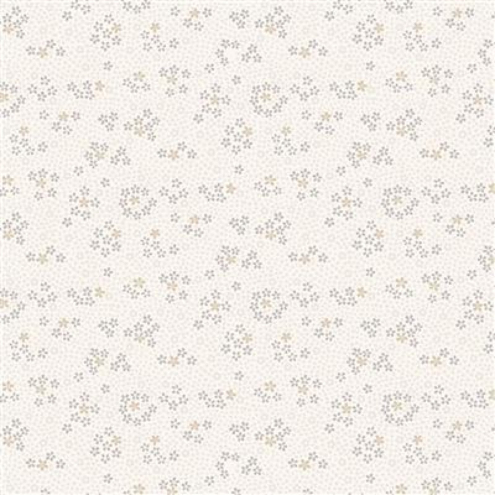 A repeating floral pattern on a warm off-white background, featuring small pale cream and muted gray blossoms.