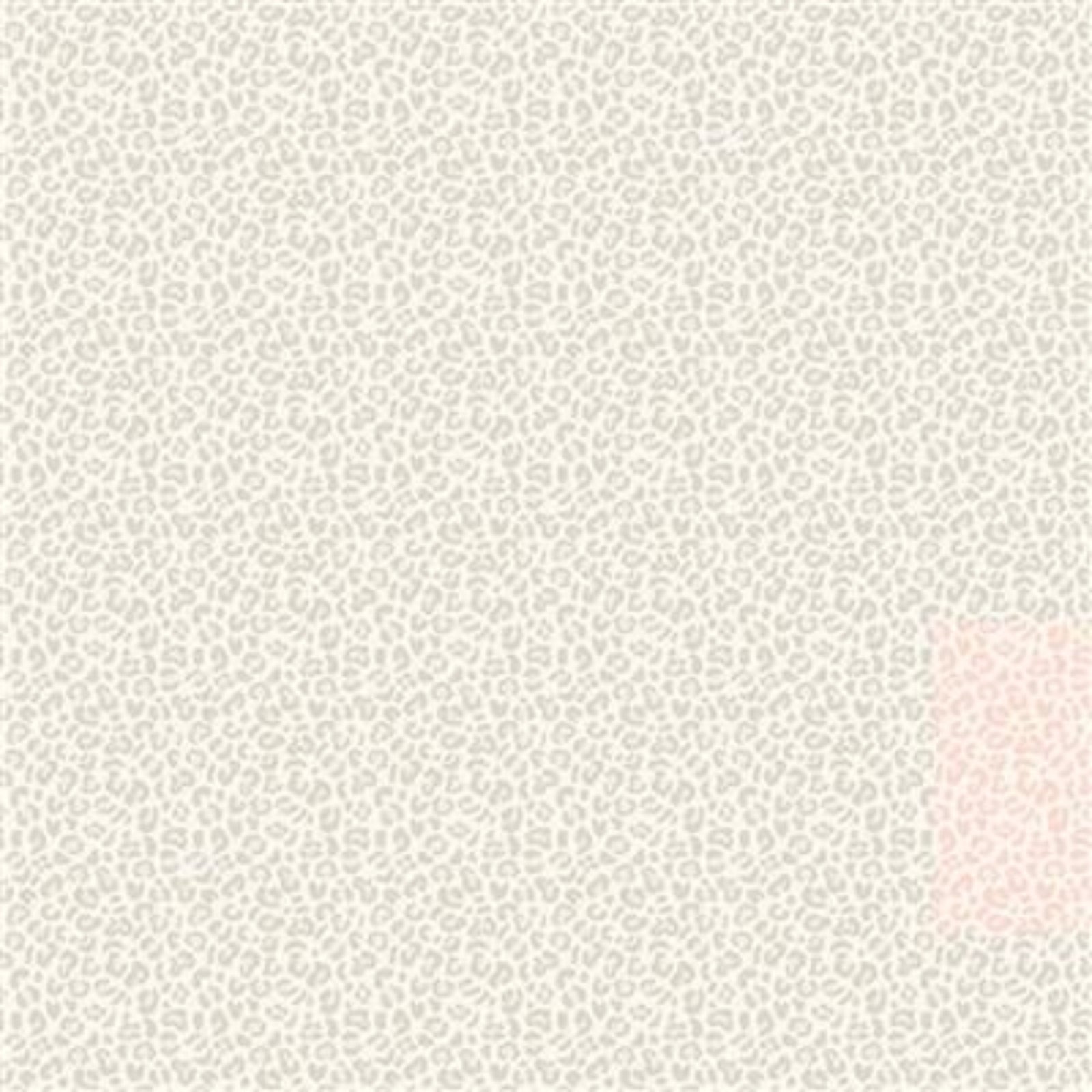 A close-up of a light cream fabric with a fine repeating leopard print pattern in pale taupe, plus a small pale pink square swatch in the lower right corner.