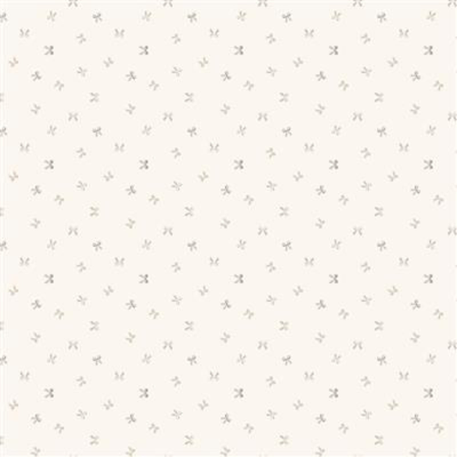 A repeating pattern of tiny gray floral or clover-like motifs on a warm off-white background.