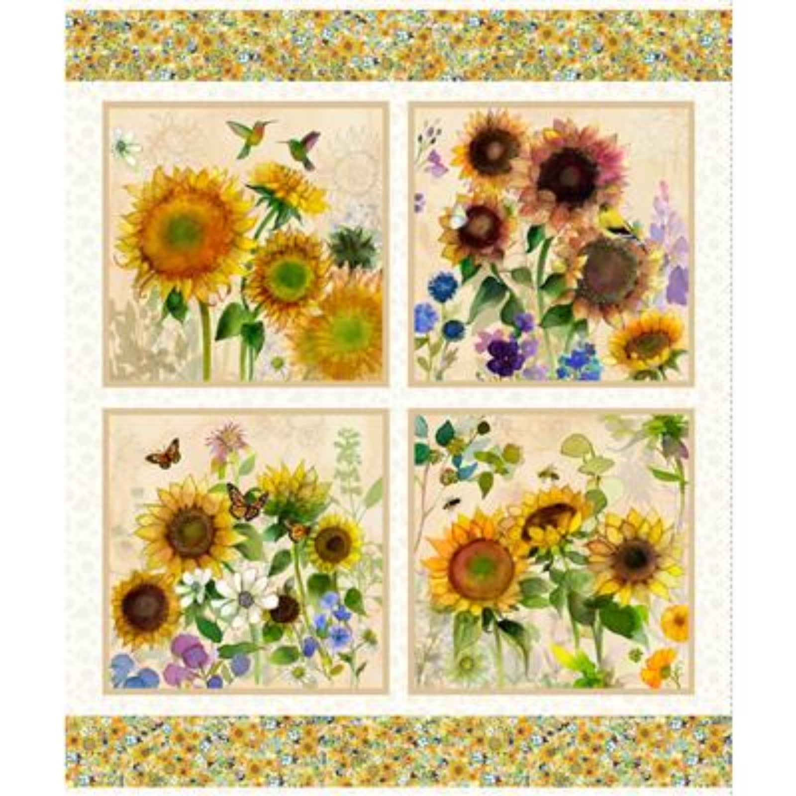 A square art print or textile panel featuring four watercolor-style sunflower panels with butterflies and flowers, framed by floral borders at the top and bottom.