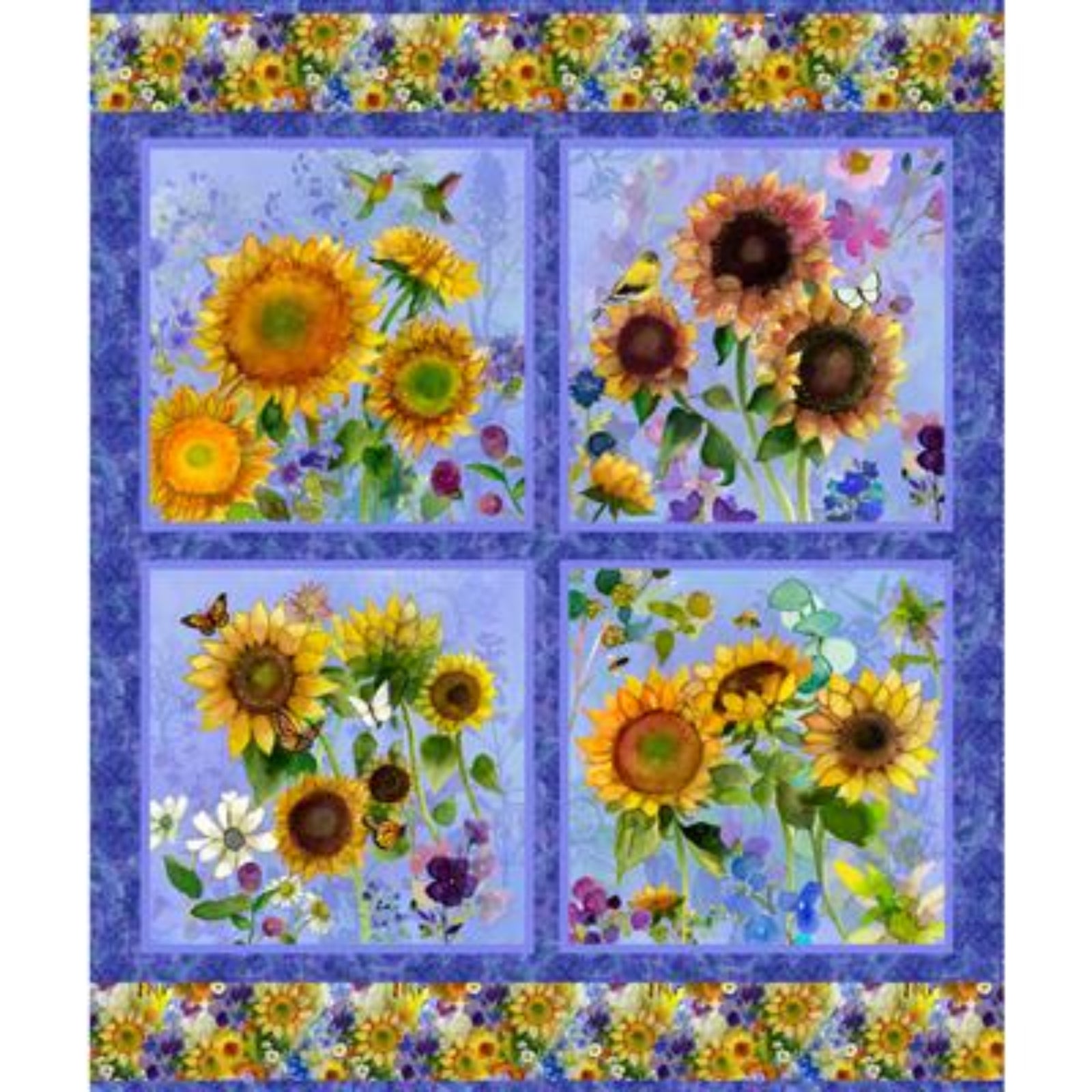 A square fabric panel or quilt design featuring four panels of sunflowers and wildflowers on a blue background, with floral borders at the top and bottom.