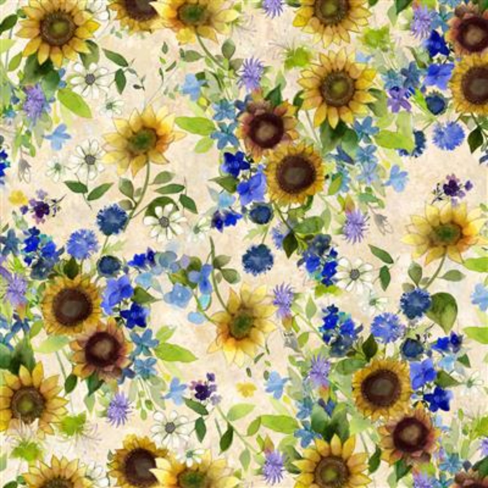 A repeating watercolor floral pattern featuring sunflowers, blue flowers, and green leaves on a light cream background.