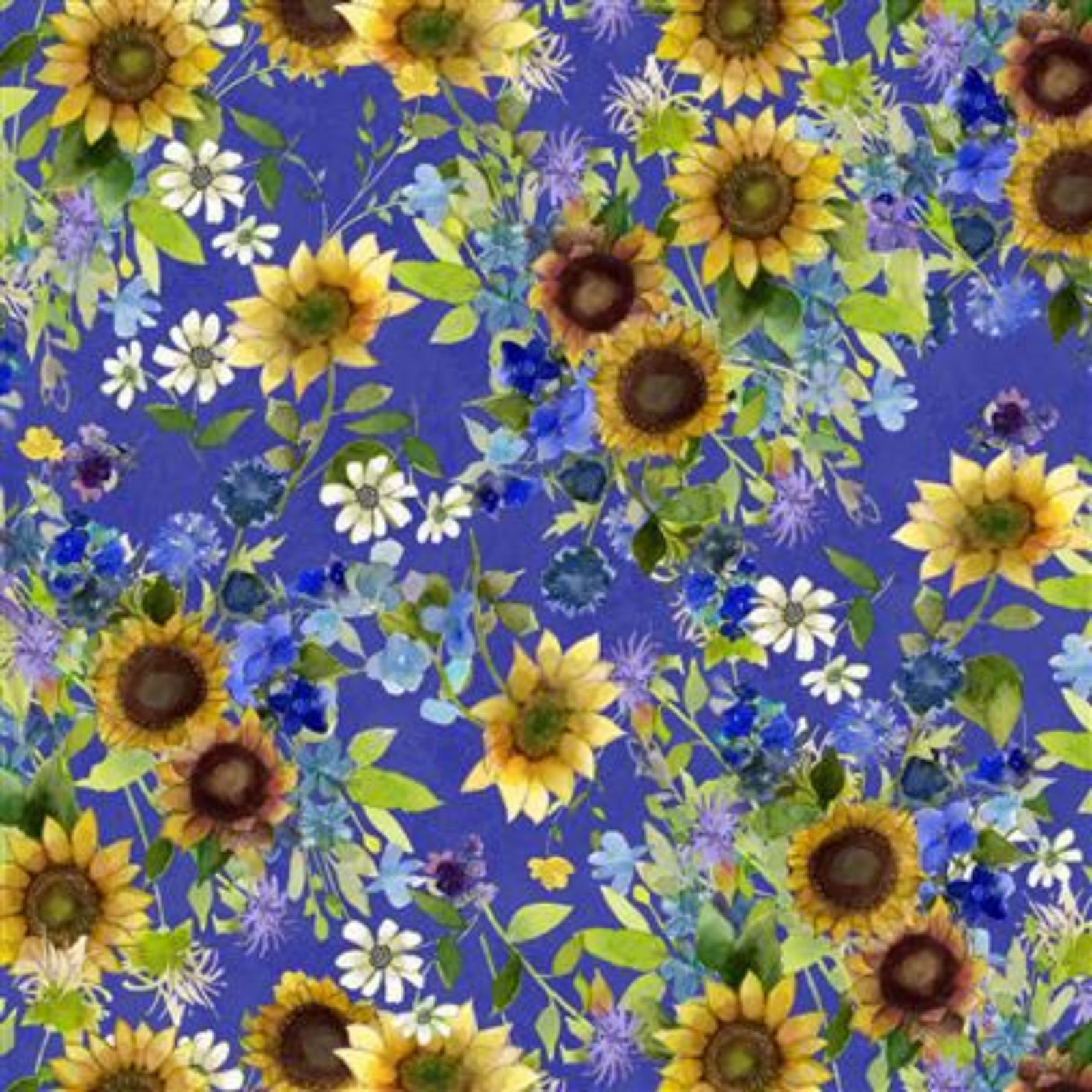 Pattern of sunflowers and other flowers on a blue background