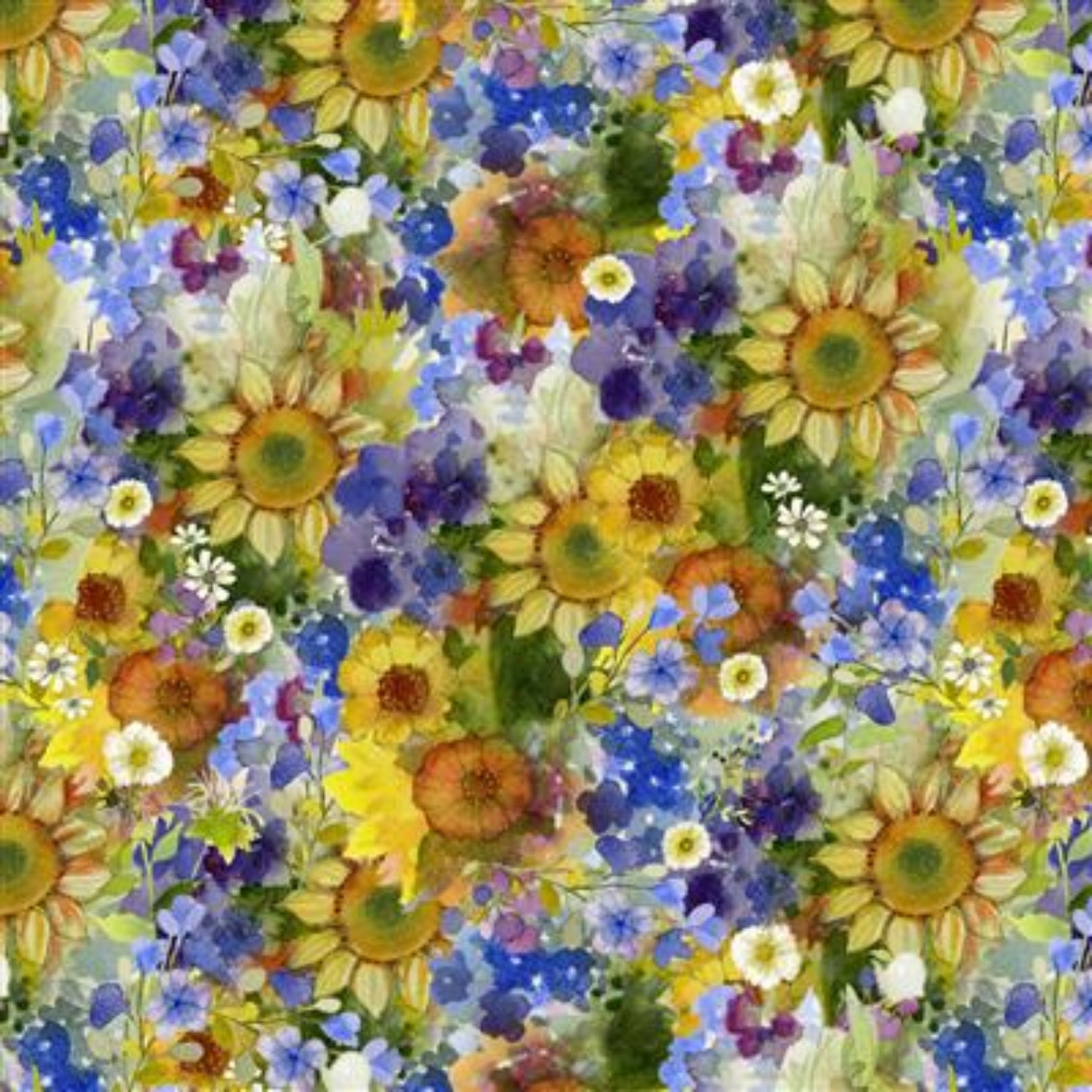 A seamless watercolor floral pattern featuring sunflowers, blue flowers, white daisies, and green foliage in a painterly style.