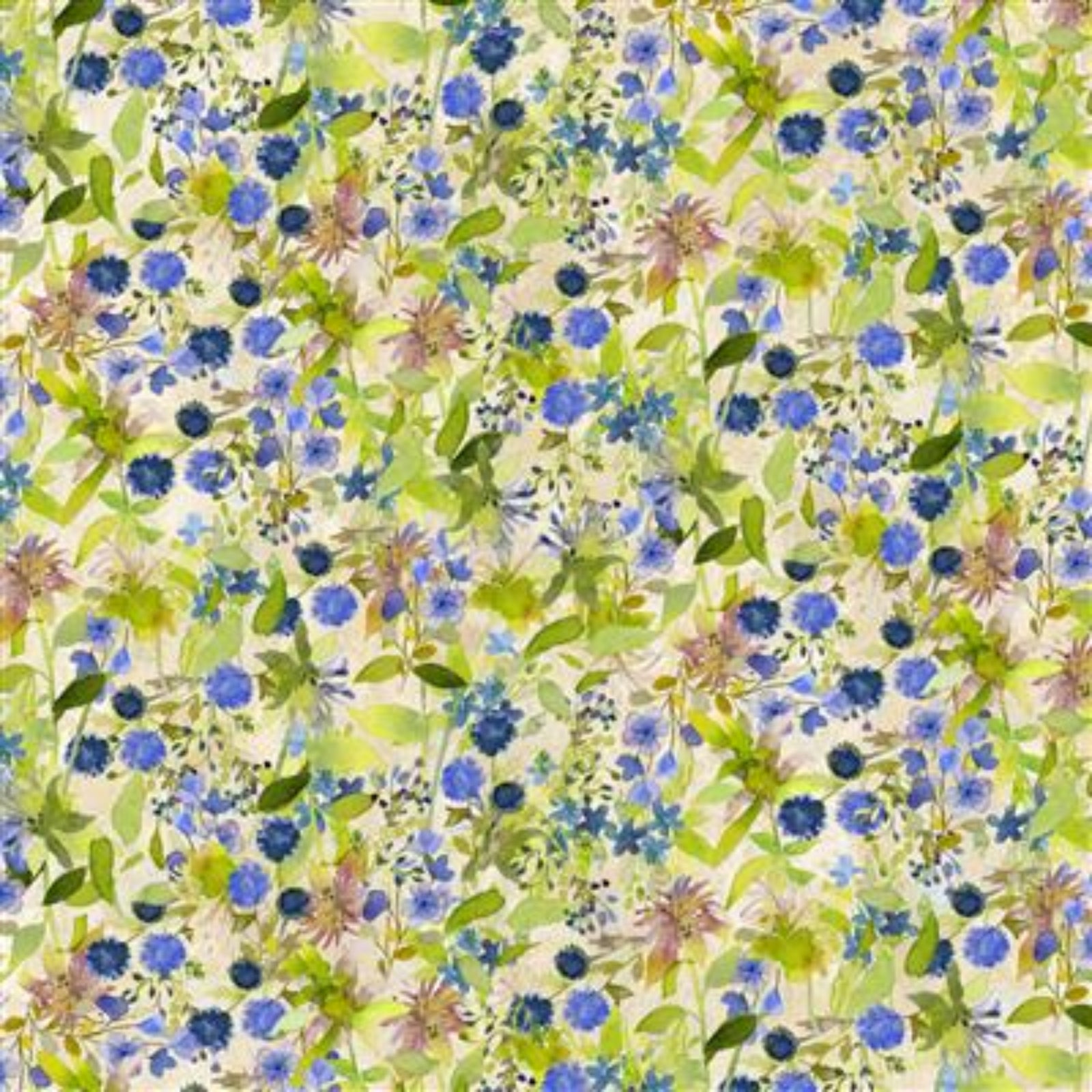 A repeating watercolor floral pattern featuring blue forget-me-nots, green leaves, and soft pink wildflowers on a pale cream background.