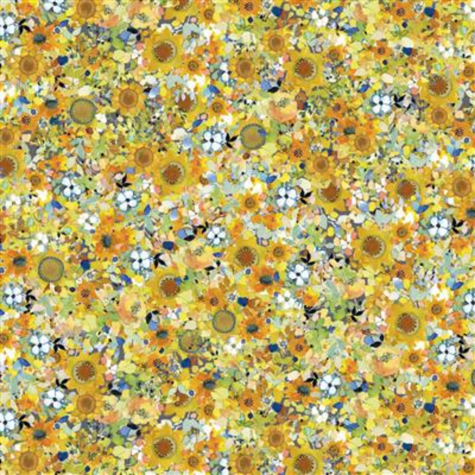 A dense, all-over floral pattern featuring yellow sunflowers, white blossoms, blue flowers, green leaves, and small orange accents on a light yellow background.