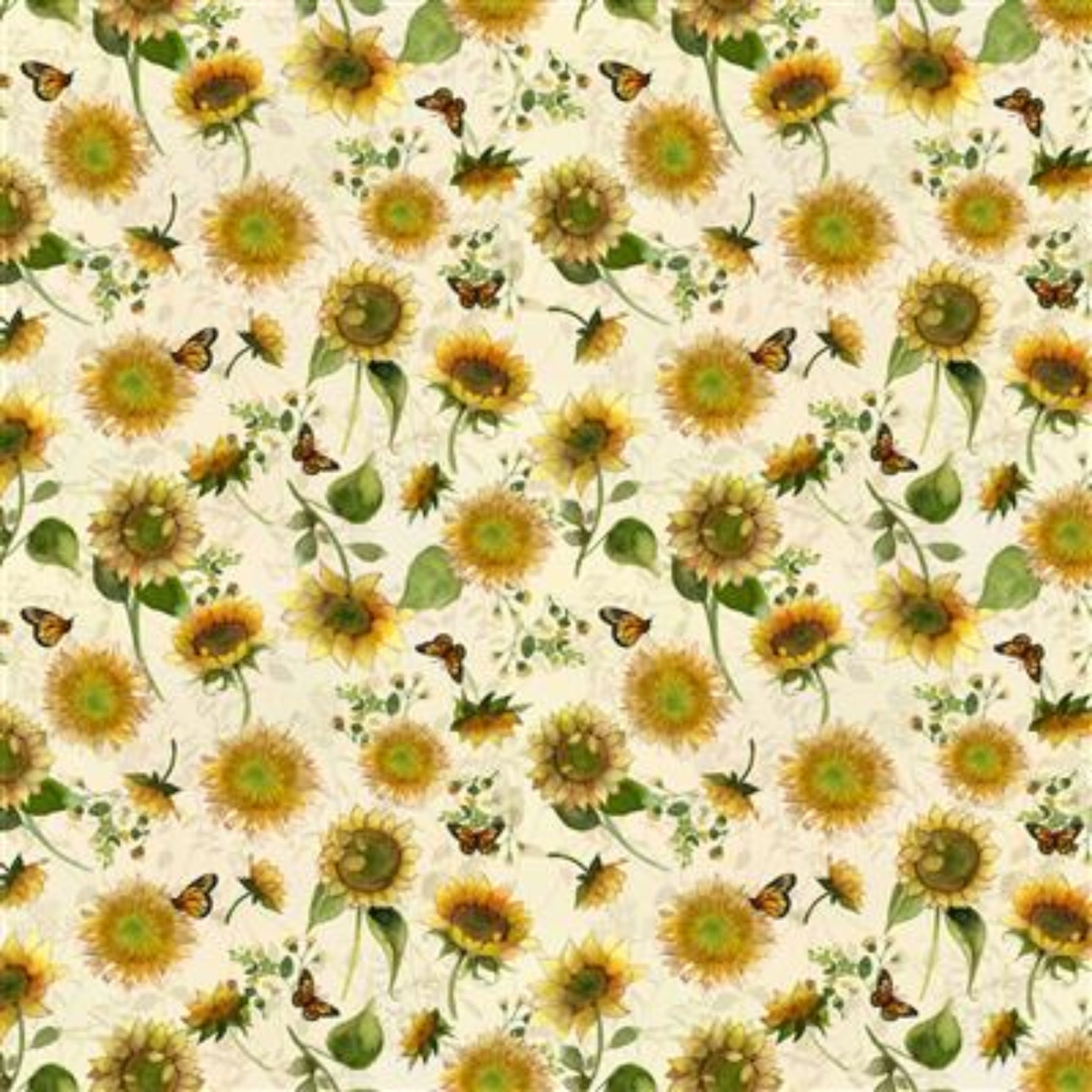 A repeating sunflower and butterfly pattern on a warm off-white background. The design features yellow and orange sunflowers with green leaves and small brown-and-black butterflies scattered throughout.