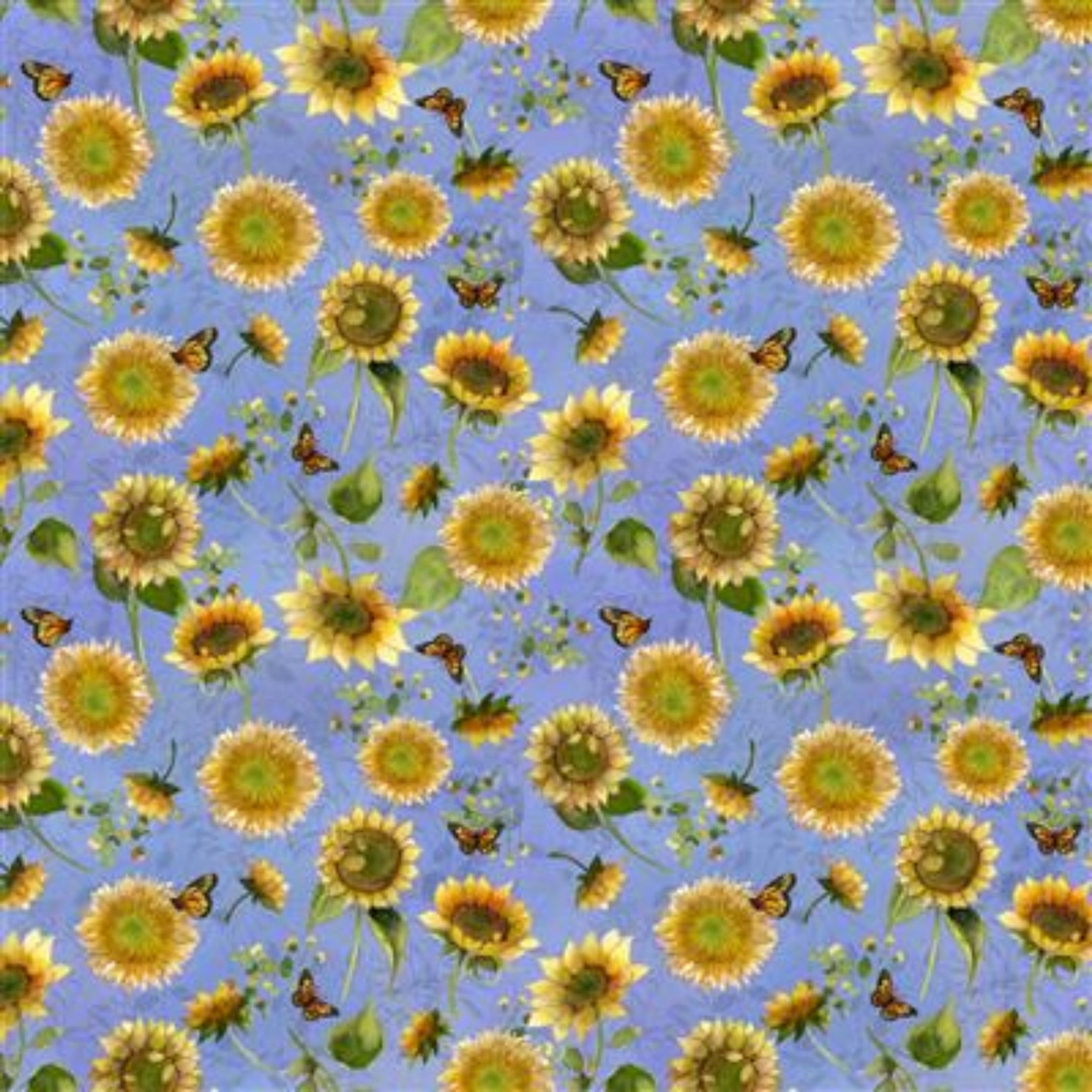 A repeating sunflower and butterfly pattern on a light blue background, with yellow sunflowers, green leaves, and small orange-brown butterflies filling the frame.