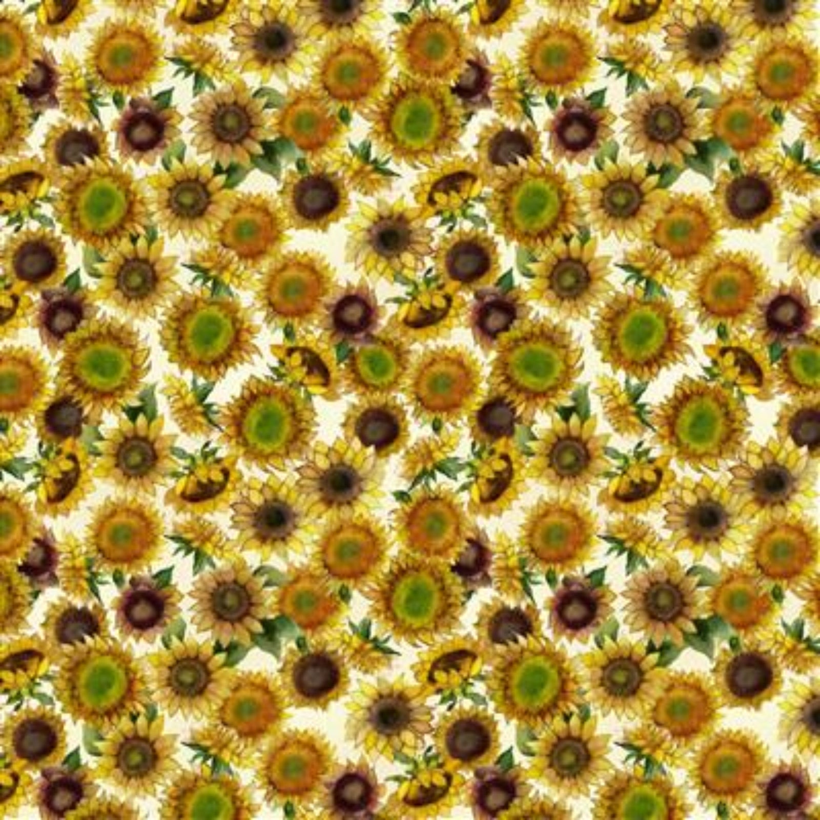 A repeating sunflower pattern on a light cream background, with yellow petals, dark brown centers, and green leaves.