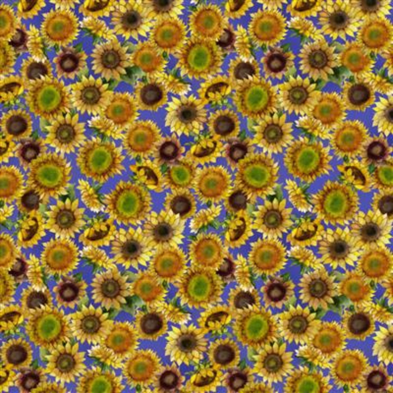 A repeating sunflower pattern with yellow petals, brown centers, and green and blue accents filling the entire frame.
