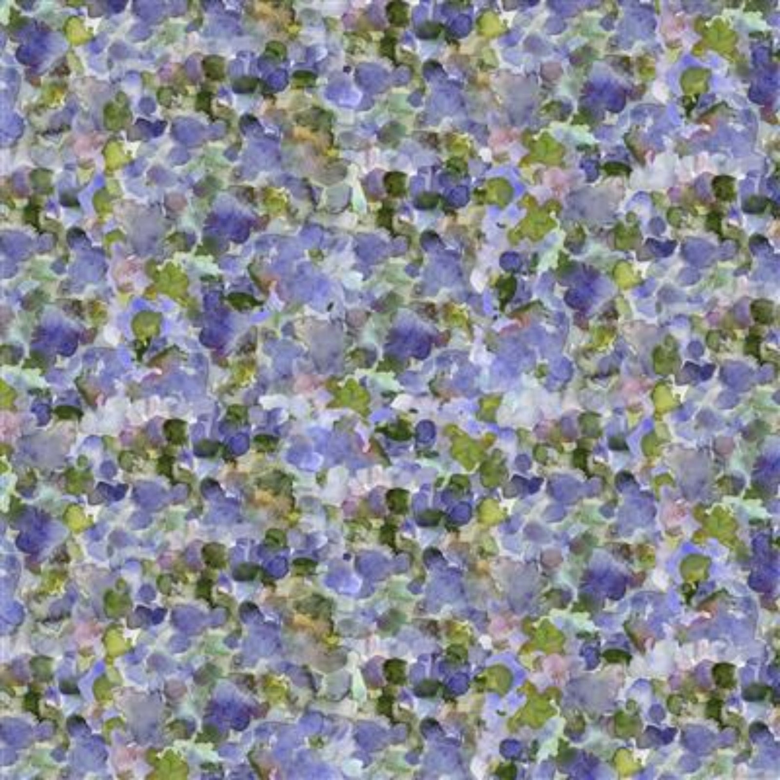 A close-up of a watercolor-style floral pattern with dense clusters of lavender, purple, blue, green, and soft pink blossoms on a light background.