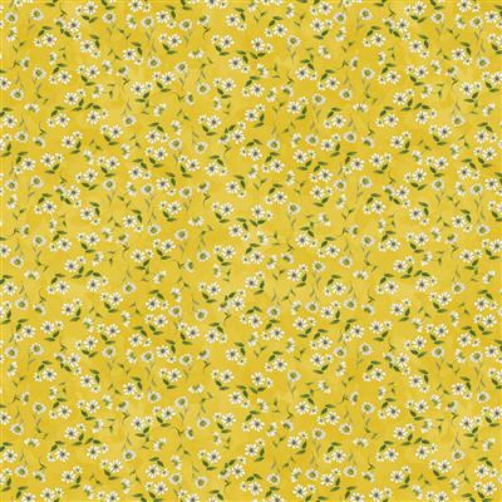 A repeating floral pattern featuring small white daisy-like flowers with yellow centers and green leaves on a solid yellow background.