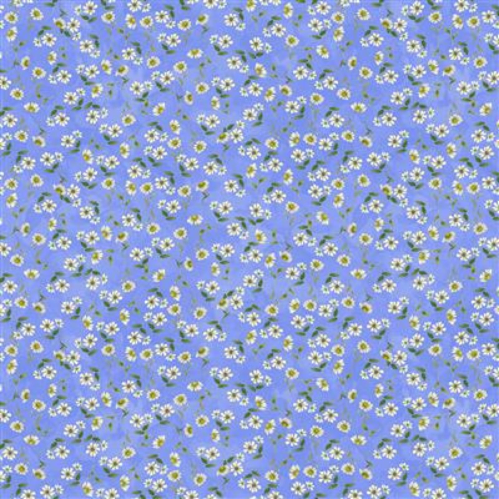 A repeating floral pattern of small white daisies with yellow centers and green stems on a light periwinkle blue background.