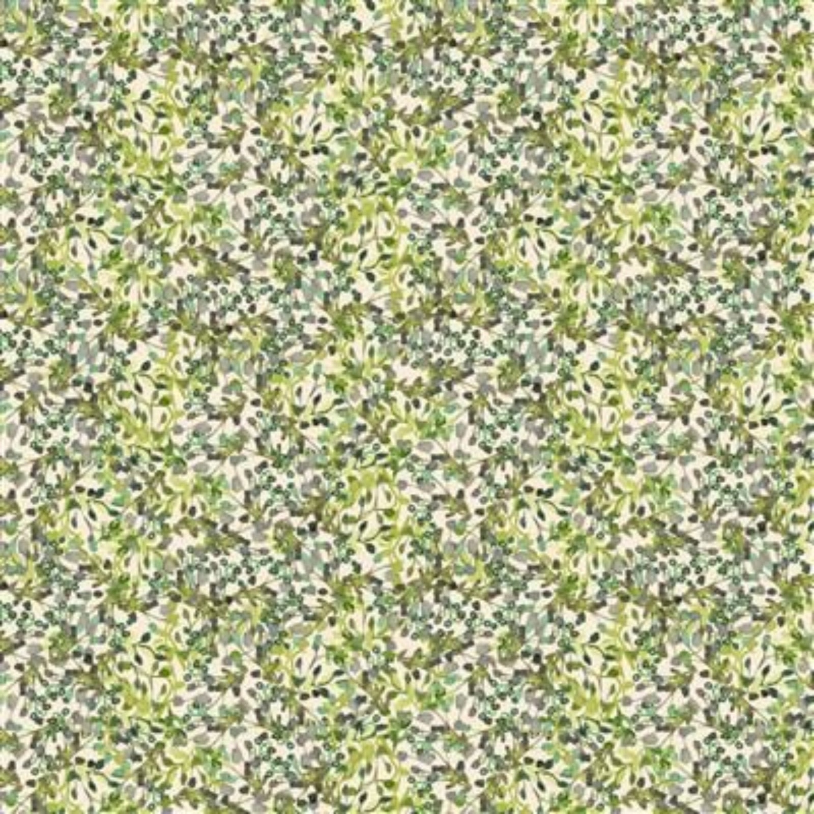 A seamless botanical pattern featuring light green leaves and stems on a warm cream background.