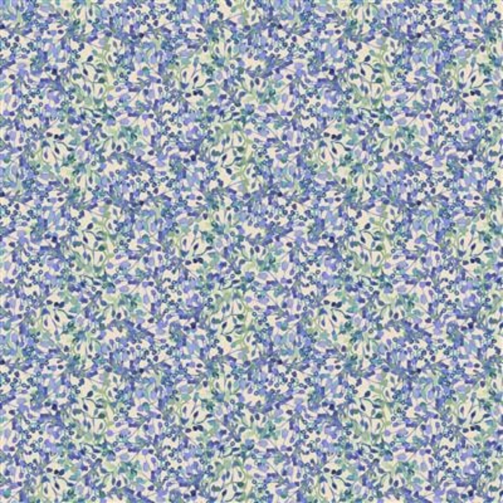 A close-up of a repeating floral pattern with small purple, blue, green, and white blossoms and leaves filling the frame.