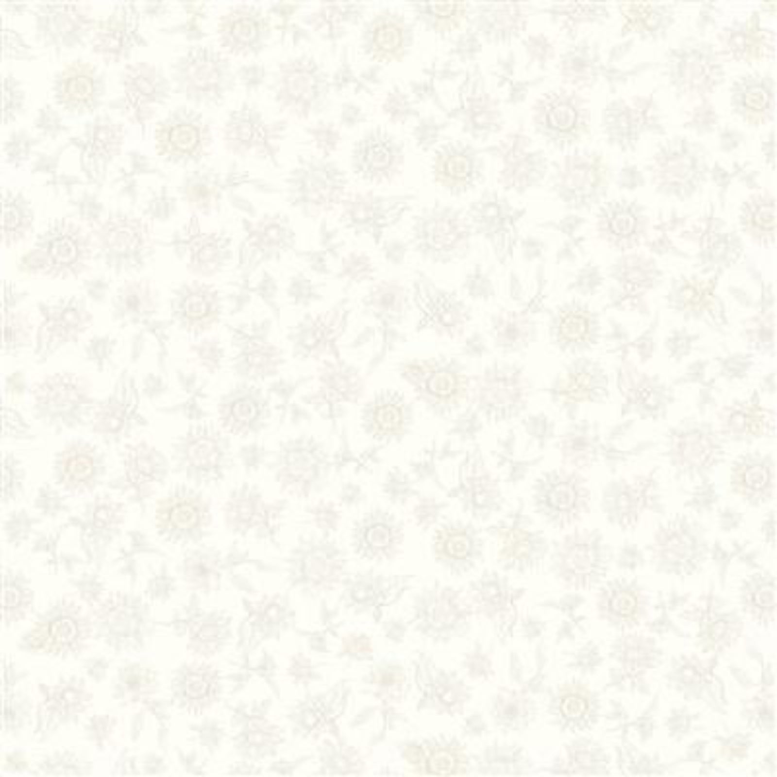 A close-up of a light cream fabric featuring a delicate, repeating floral pattern in pale beige and soft gray tones.