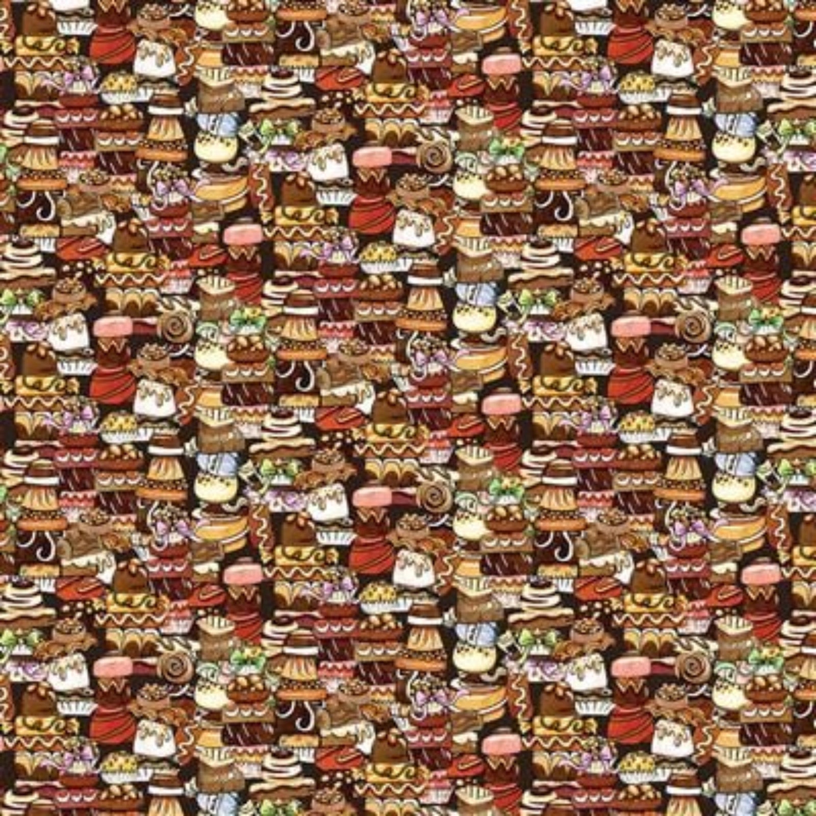 A dense, repeating pattern of illustrated desserts and pastries on a dark brown background, including cakes, cupcakes, pastries, and coffee cups.